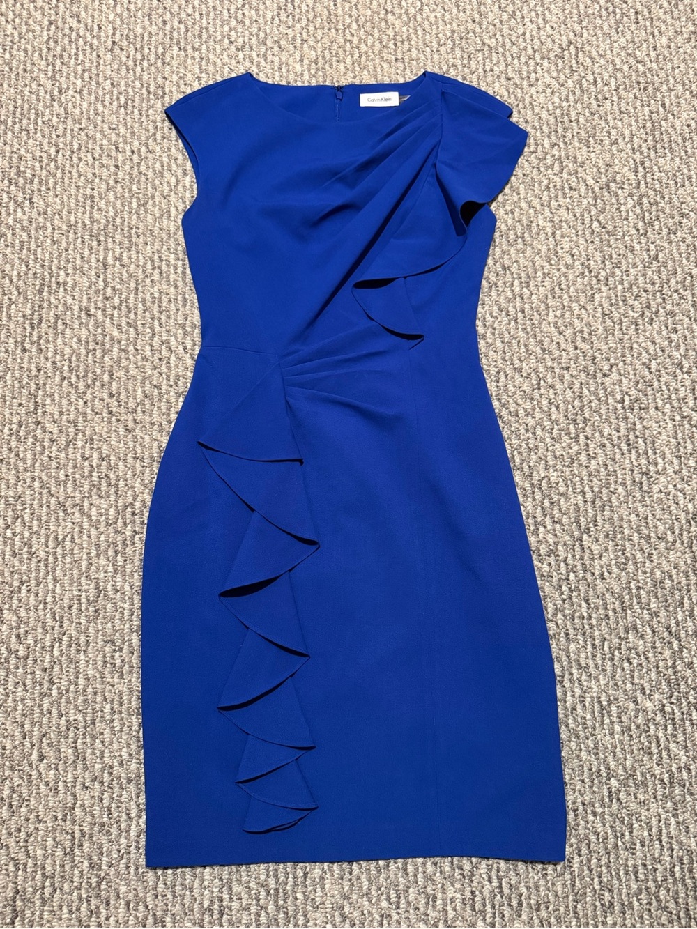 Calvin Klein royal blue sleeveless sheath dress cascading ruffles